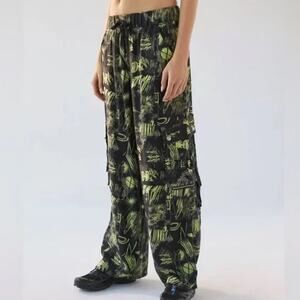 Urban Outfitters Dean Printed Cargo Pants Elastic Waist Baggie Green Black XL